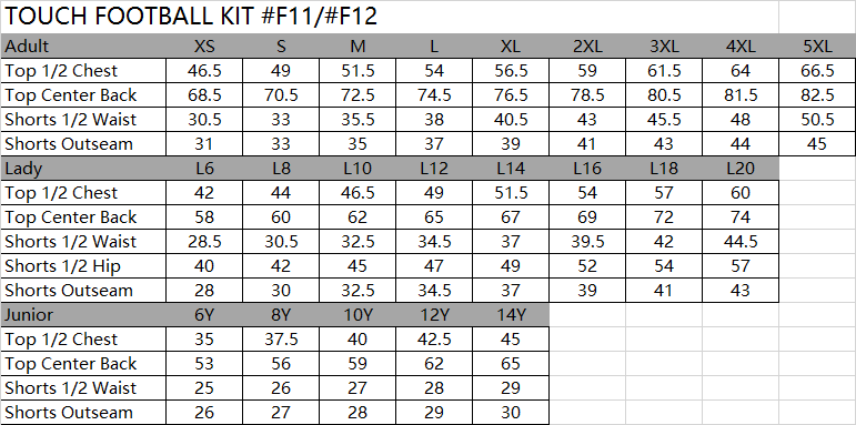 TOCH FOOTBALL size chart-20170817-Custom clothing expert