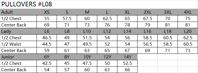 SIZE CHART APPAREL-Custom made clothing expert