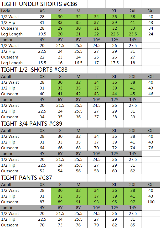 tight size chart-201810-Custom clothing expert