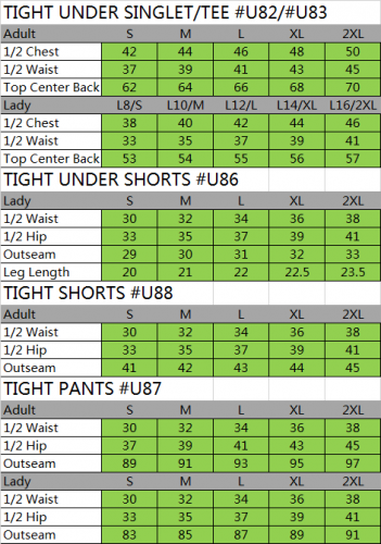 SIZE CHART ACTIVEWEAR-Custom clothing expert